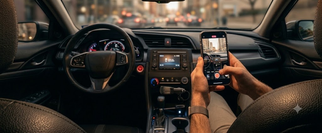 Passenger filming a social video inside a vehicle
